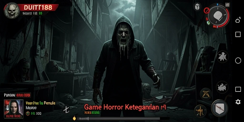 Screenshot gameplay DUIT188 menunjukkan suasana horor yang mencekam.