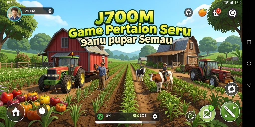 Screenshot gameplay J200M menunjukkan ladang pertanian yang indah.
