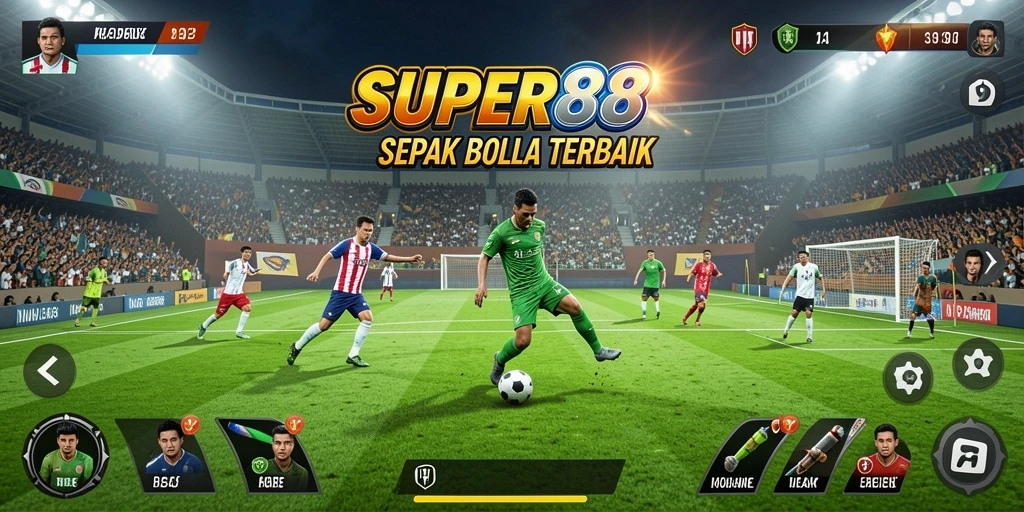 Gameplay SERU dalam SUPER88, menampilkan suasana pertandingan sepak bola.